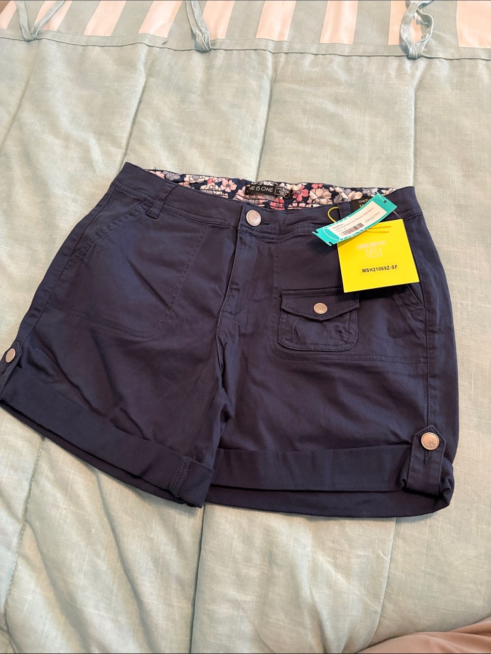 151 Navy Roll-Cuff Women's Shorts with Floral Waist Lining 6 4” inseam/w/c